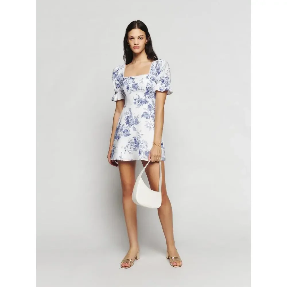 REFORMATION Evianna Linen Blue & White Toile Puff Sleeve Mini Dress US 10 NWT - Picture 2 of 14